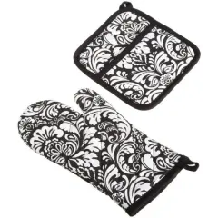 DII&reg; Damask Oven Mitt & Potholder Set Black