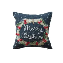 Hello Honey&reg; 12" Merry Christmas Embroidered Wreath with Pom Poms Cotton Pillow