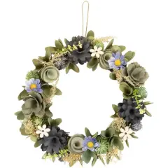 10.5" Green & Blue Wooden Mixed Floral Artificial Spring Wreath