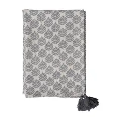 Hello Honey&reg; 84" Gray & Gold Cotton Printed Tablecloth with Leaf Pattern & Tassels