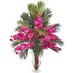 2.5ft. Phalaenopsis Orchid & Areca Palm Arrangement in Glass Vase Dark Pink