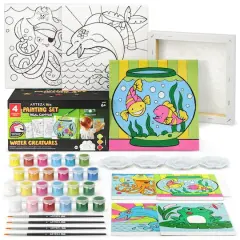 Arteza&reg; Kids Canvas Paint Kit, 4 8x8 Canvas with Brushes & Paints Water Creatures