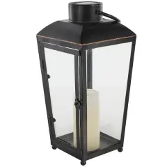 16" Black Metal Modern Candle Lantern with Gold Accents