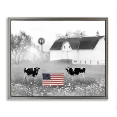 Stupell Industries Americana Barn Country Cows Flag Floater Framed Art Gray