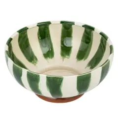 Hello Honey&reg; 10.5" Round Hand-Painted Stoneware Footed Bowl with Stripes & Reactive Glaze
