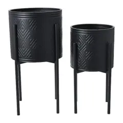 Hello Honey&reg; Matte Black Boho Embossed Metal Planters with Stands Set