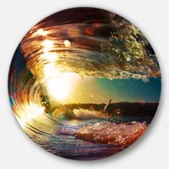 Designart - Colored Ocean Waves Falling Down III - Modern Seashore Round Circle Metal Wall Decor