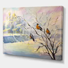 Designart - Rustic Birds On A Tree In Winter Village - Farmhouse Canvas Wall Art Print