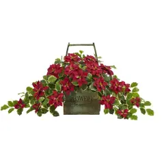 18&rdquo; Red Poinsettia & Variegated Holly Artificial Plant in Vintage Decorative Basket