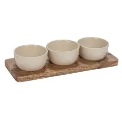 Hello Honey&reg; Cream Stoneware Bowls & Natural Mango Wood Tray Set
