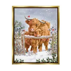 Stupell Industries Winter Cattle Cuddling Snow Scene Framed Floater Canvas Wall Art Gold