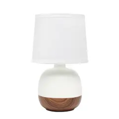 Simple Designs 12" Petite Mid Century Dark Woodgrain Base Table Lamp Off White