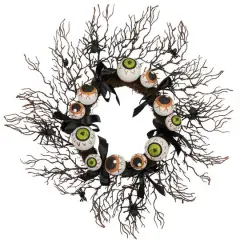 24'' Unlit Eyeballs and Spiders Halloween Twig Wreath