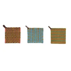 Hello Honey&reg; Multi-Tone Cotton Crocheted Pot Holders with Leather Loop Set