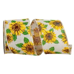 Reliant 2.5" x 10yd. Linen Wired Sunflowers All Around Ribbon Natural and Yellow