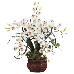 30" White Silk Cymbidium Arrangement with Decorative Vase