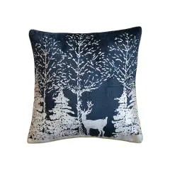 Hello Honey&reg; 20" x 20" Navy & White Square Cotton Velvet Printed Foil Pillow with Winter Scene & Piping