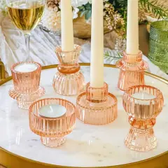 Kate Aspen&reg; Assorted Vintage Ribbed Rose Gold Pink Glass Candlestick Candle Holder Set