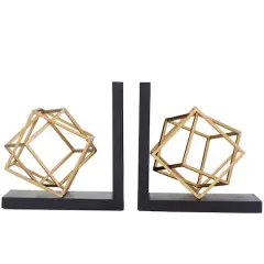 8" Gold Stainless Steel Overlapping Cube Geometric Bookends with Black Bases Set