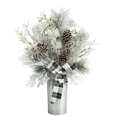 2.5ft. Frosted Greenery & Pinecone with Plaid Bow in Decorative Tin Artificial Christmas Arrangement
