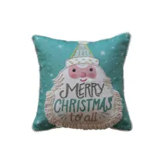 Hello Honey&reg; 12" x 12" Square Merry Christmas to All Cotton Blend Printed Pillow with Embroidered Santa, Fringe & Pom Pom Trim
