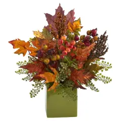 17in. Maple Leaf, Berries, Maiden Hair Arrangement in Green Vase