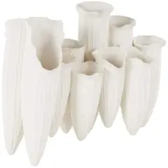 14" White Ceramic Abstract Floral Inspired Decorative Vase with Linear Grooves & 10 Openings