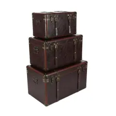 Set of 3" Brown Leather Traditional Trunk, 19", 24", 27"