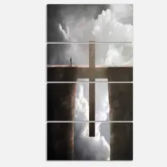 Designart - Big Cross between Two Cliffs - Landscapes Spiritual Religious on Wrapped Canvas set