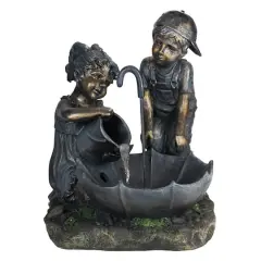 23.5" Bronze Children with Umbrella Outdoor Garden Water Fountain