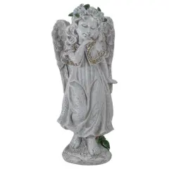 10" Gray Angel Girl with Floral Crown Garden Statue
