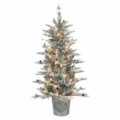 4.5ft. Pre-Lit Flocked Artificial Christmas Tree in Metal Planter, Clear Lights