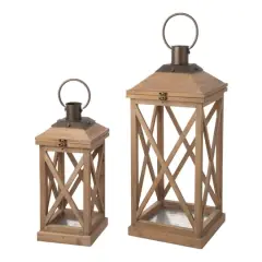 Glitzhome&reg; Brown Wooden Modern Farmhouse Lantern Set