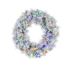 Glitzhome&reg; 24"D Pre-Lit Snow Flocked Greenery Pine Christmas Wreath, Multicolor LED Lights and Timer