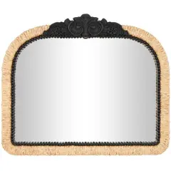 35" Brown & Black Woven Floral Rattan Wall Mirror with Beaded Detailing