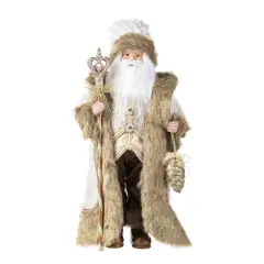 Glitzhome&reg; 18"H Faux Fur Christmas Brown Woodland Santa Figurine with Porcelain Face