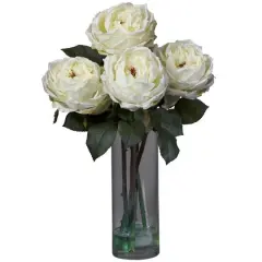 18" White Fancy Rose Arrangement in Glass Cylinder Vase