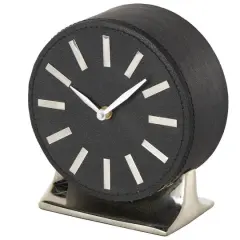 Faux Leather Round Decorative Clock with Rectangular Base Black/Silver