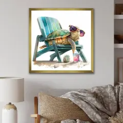 Designart 'Turtle Laying On A Beach Chair With Sunglasses I' Animals Framed Canvas Wall Art Thick Gold