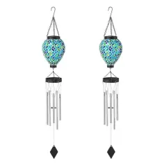 Glitzhome&reg; 37" Blue & Green Solar Lighted Metal & Glass Mosaic Windchime