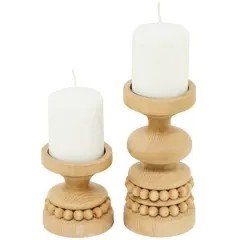 Brown Wood Beaded Pillar Candle Holder Set