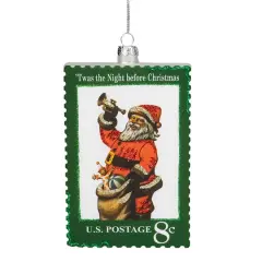 3.5" Green USPS Santa Stamp Twas The Night Before Christmas Glass Christmas Ornament