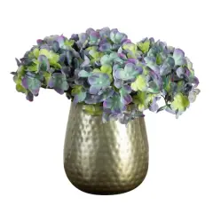 11" Blue Hydrangea Arrangement in Gold Metal Vase