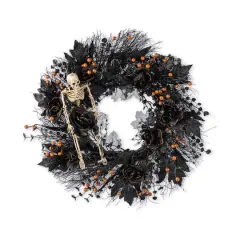 Glitzhome&reg; 24"D Halloween Black Rose, Skeleton and Berry Wreath with Hanger