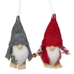 4" Gray & Red Skiing Santa Gnome Christmas Ornament Set