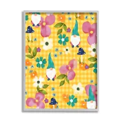 Stupell Industries Yellow Tartan Patterned Spring Gnomes Mushrooms Framed Giclee Art Gray
