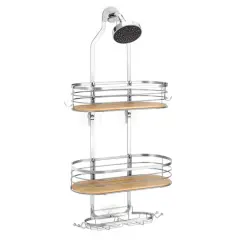 NEX&trade; Silver Stainless Steel & Bamboo Hanging Caddy Shower Organizer with Hooks