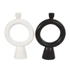 CosmoLiving by Cosmopolitan 12" Black & White Ceramic Geometric Ring Taper Candle Holder Set