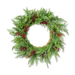 Glitzhome&reg; 24"D Christmas Greenery PE Cedar Wreath with Red Berries