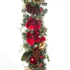 Village Lighting 9ft. Pre-Lit LED Red Magnolia Christmas Garland